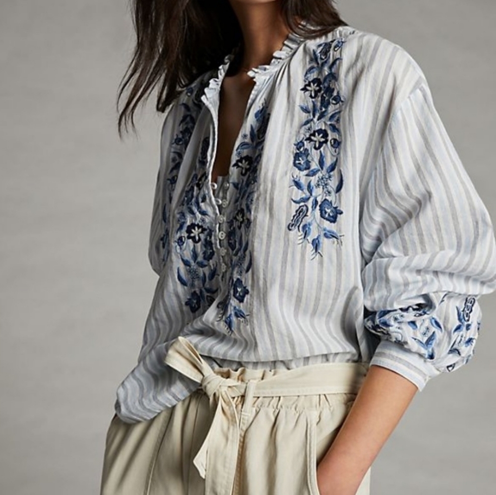 Anthropologie Pilcro The Tavi Blouse Blue Motif Floral Embroidery
